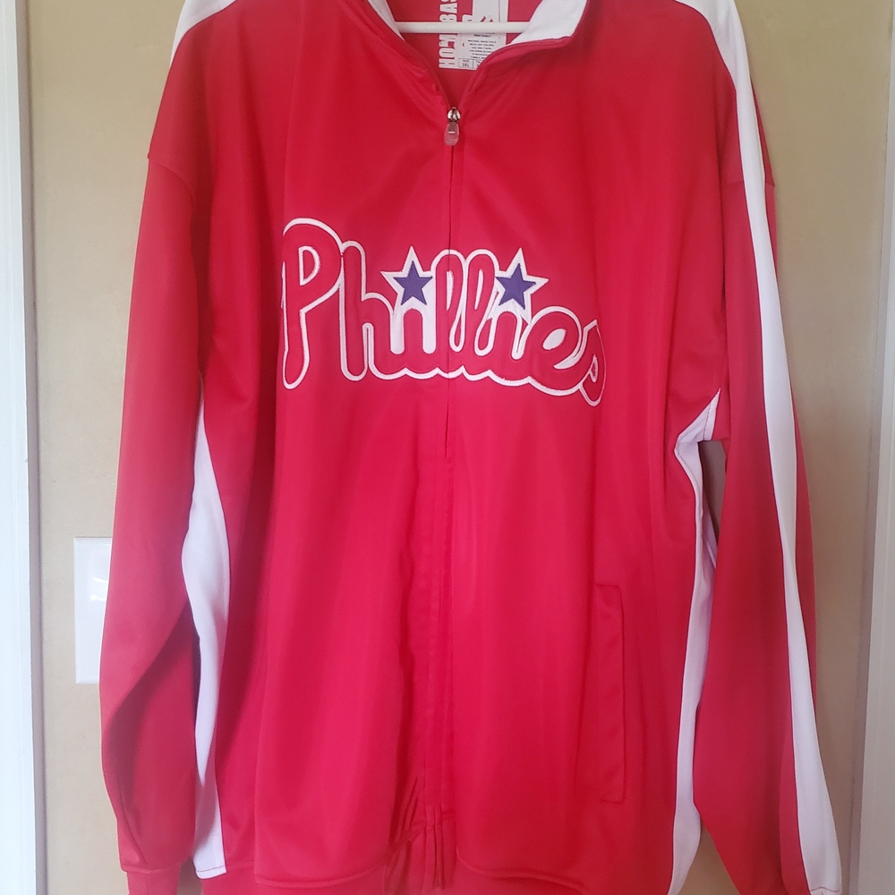 Phillies Majestic Red and White Authentic Jacket with Full-Length Zippers